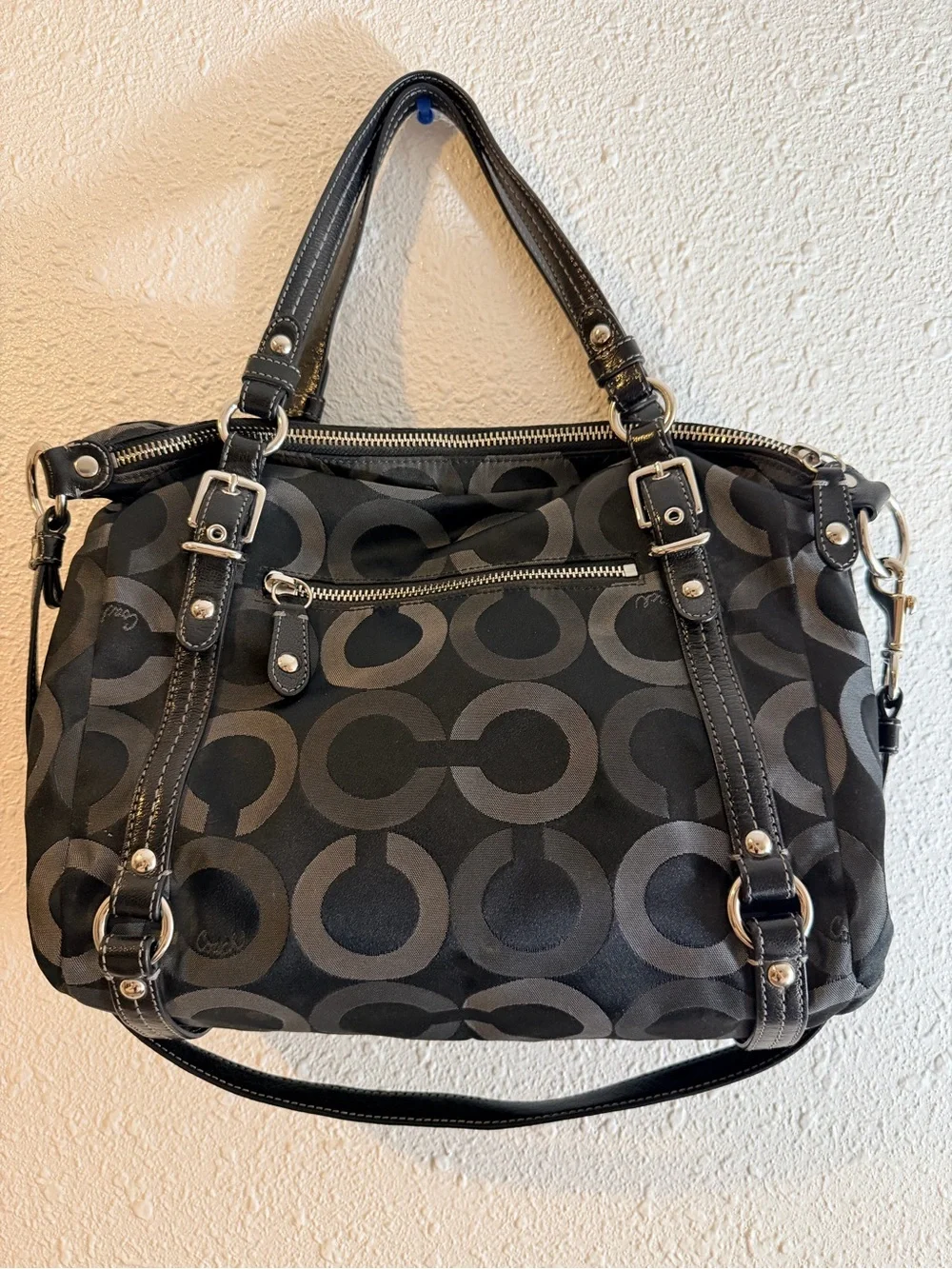 Coach Black Signature Circle Satchel with Silver Hardware